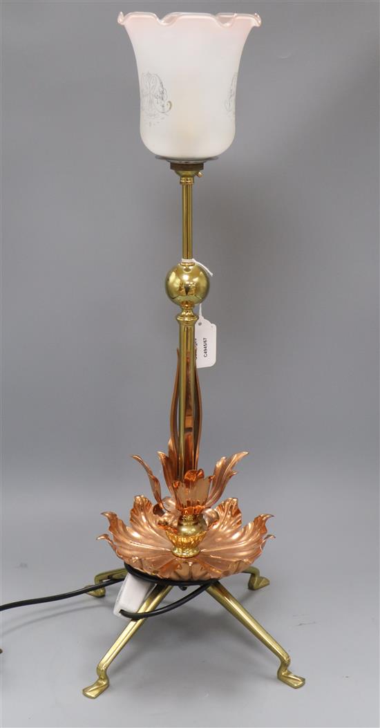 An Arts & Crafts brass and copper table lamp, probably Benson